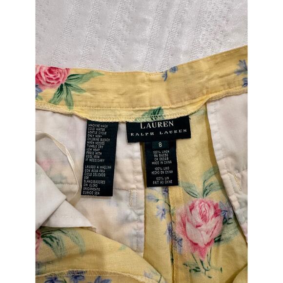 Lauren Ralph Lauren High Rise Shorts Yellow Floral Linen Women's ~24.5" Cottage - Picture 3 of 12